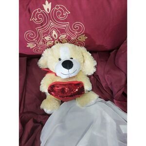 Puppy Plush and Sequin Heart Pillow